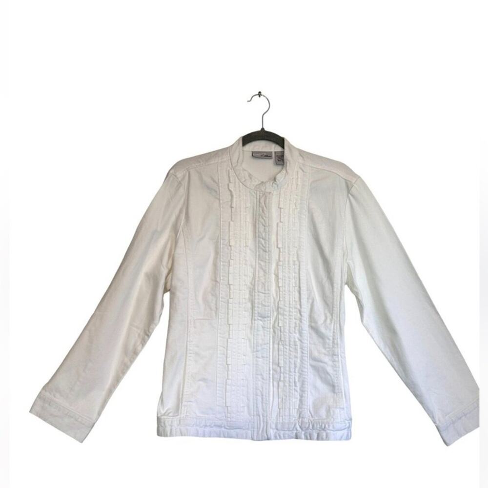 Chico's Platinum White Denim Jacket Ruffles Size 0